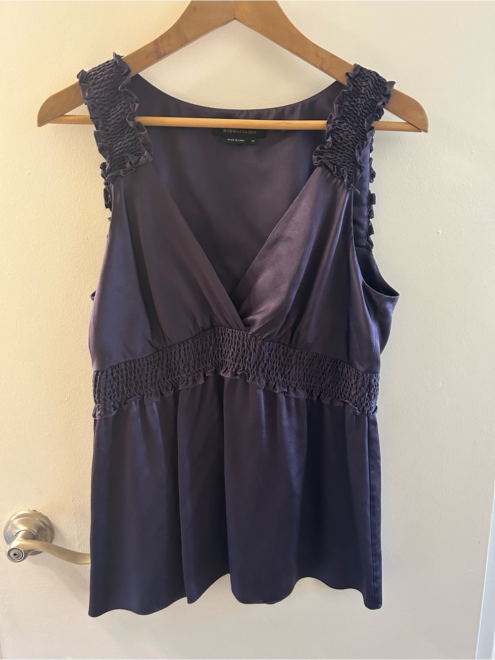 BCBGMaxAzria Purple Satin V-Neck Smocked Camisole